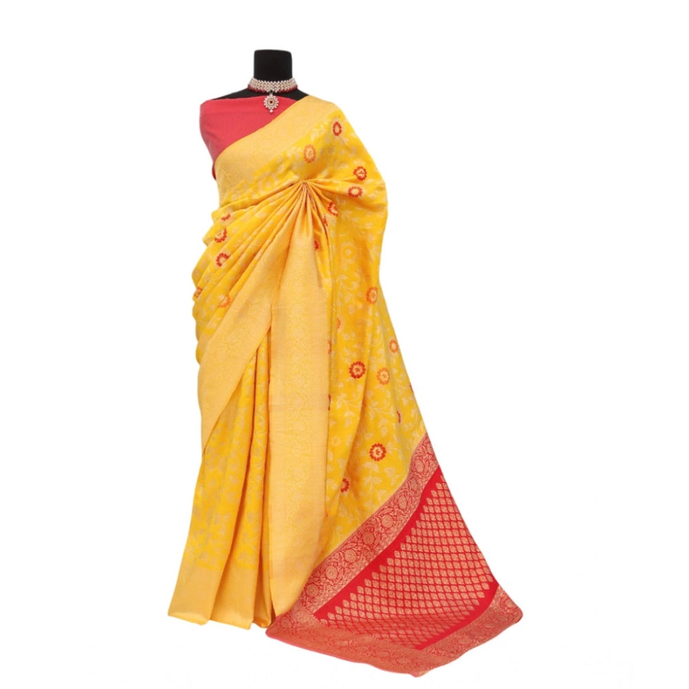 Amfyn Women's Banarasi Printed Saree With Unstitched Blouse 5.5Mtr (Yellow)