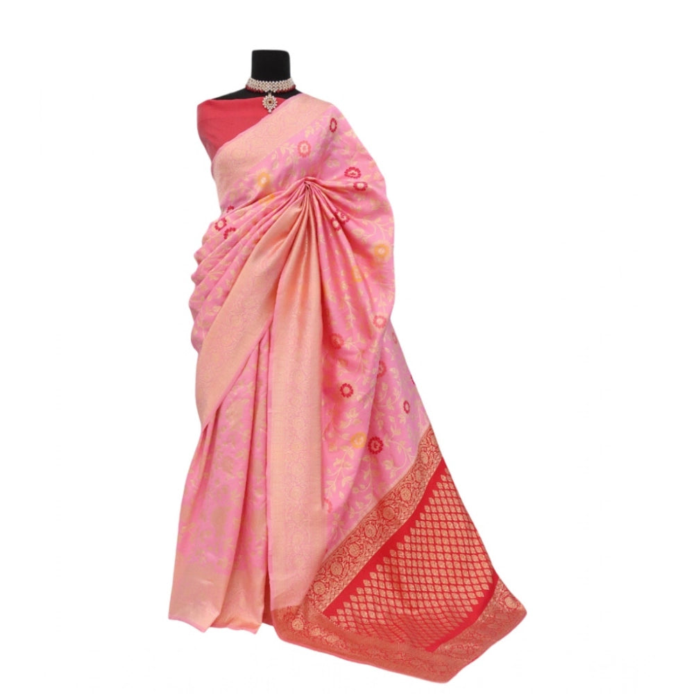Amfyn Women's Banarasi Printed Saree With Unstitched Blouse 5.5Mtr (Pink)