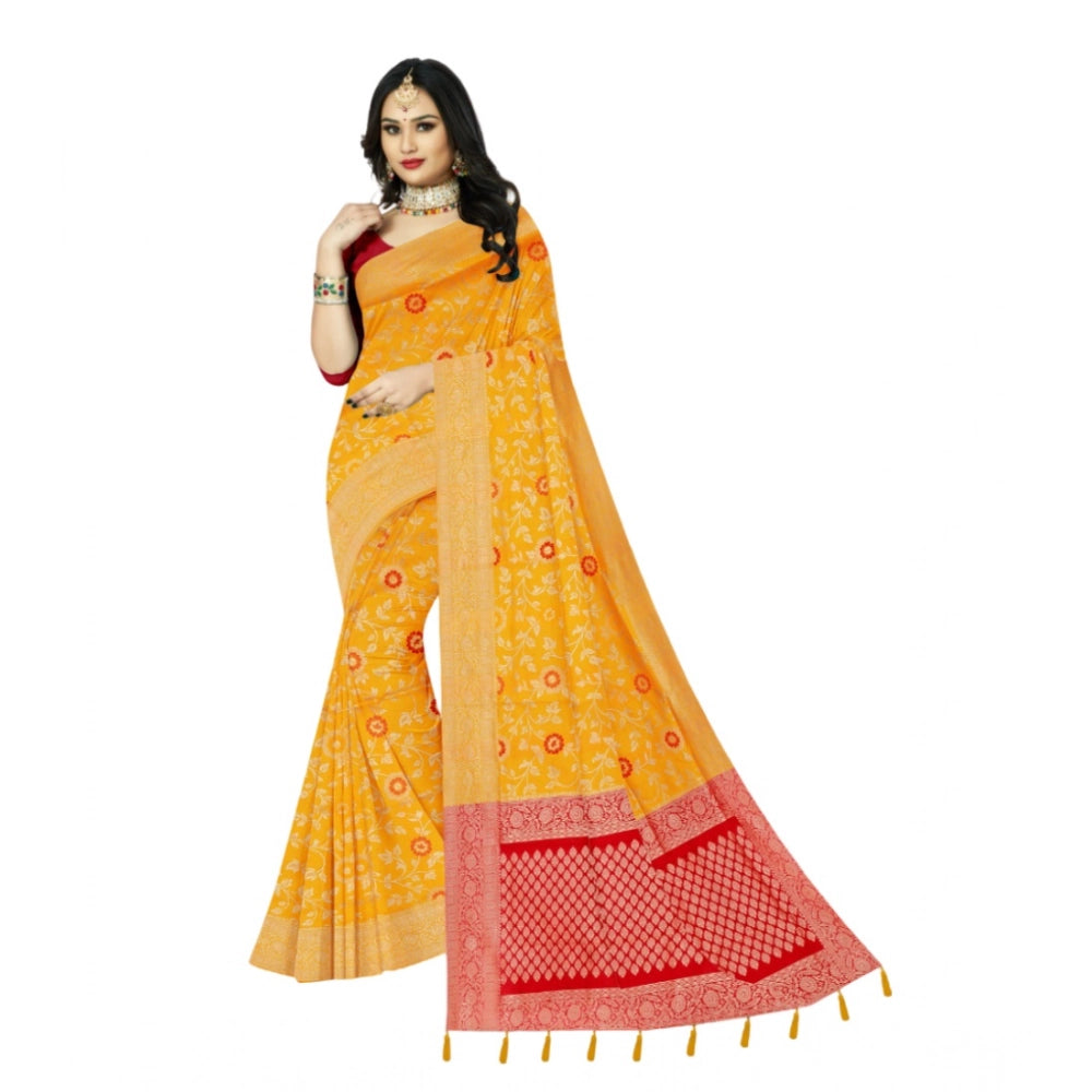 Amfyn Women's Banarasi Printed Saree With Unstitched Blouse 5.5Mtr (Yellow)