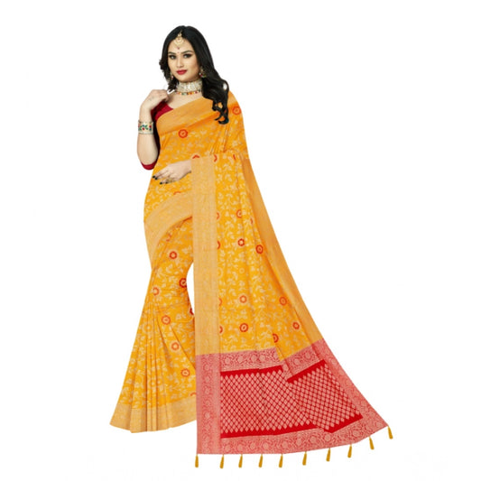Amfyn Women's Banarasi Printed Saree With Unstitched Blouse 5.5Mtr (Yellow)