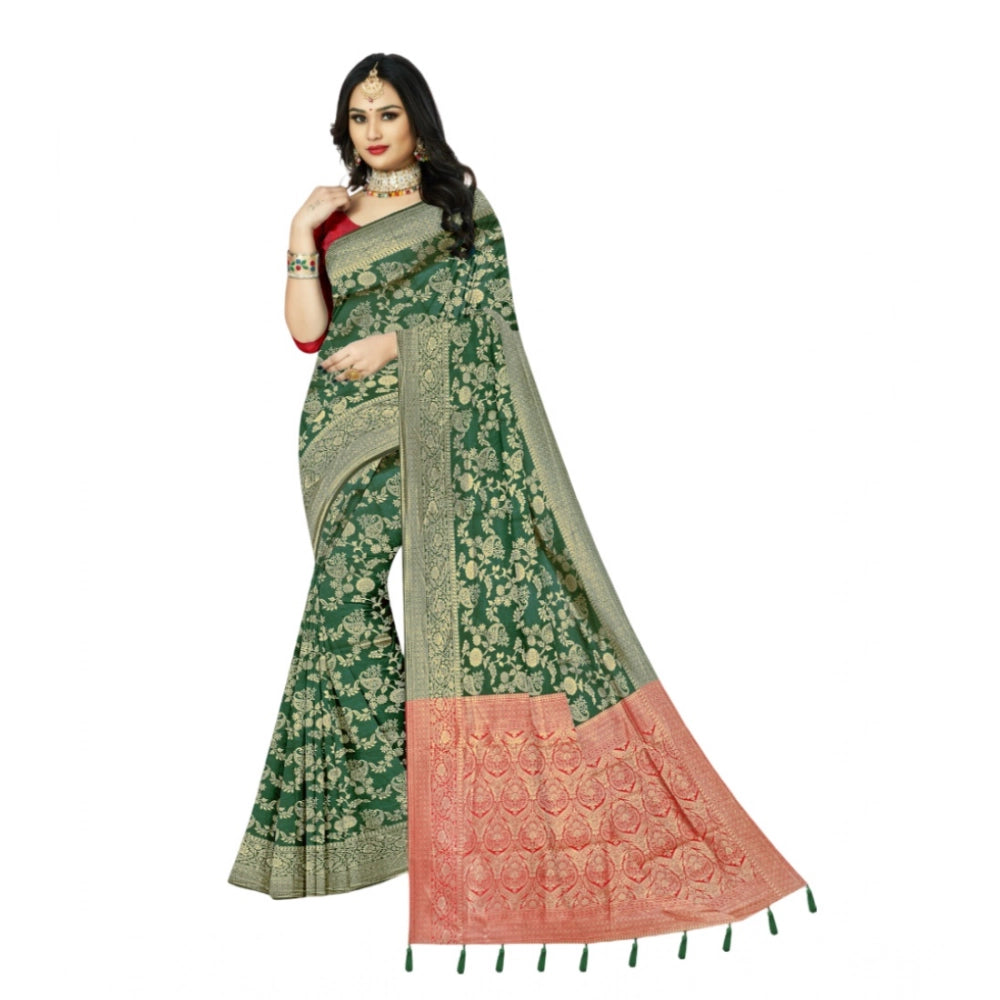 Amfyn Women's Banarasi Printed Saree With Unstitched Blouse 5.5Mtr (Green)