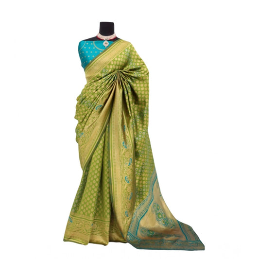 Amfyn Women's Banarasi Printed Saree With Unstitched Blouse 5.5Mtr (Mehendi Green)