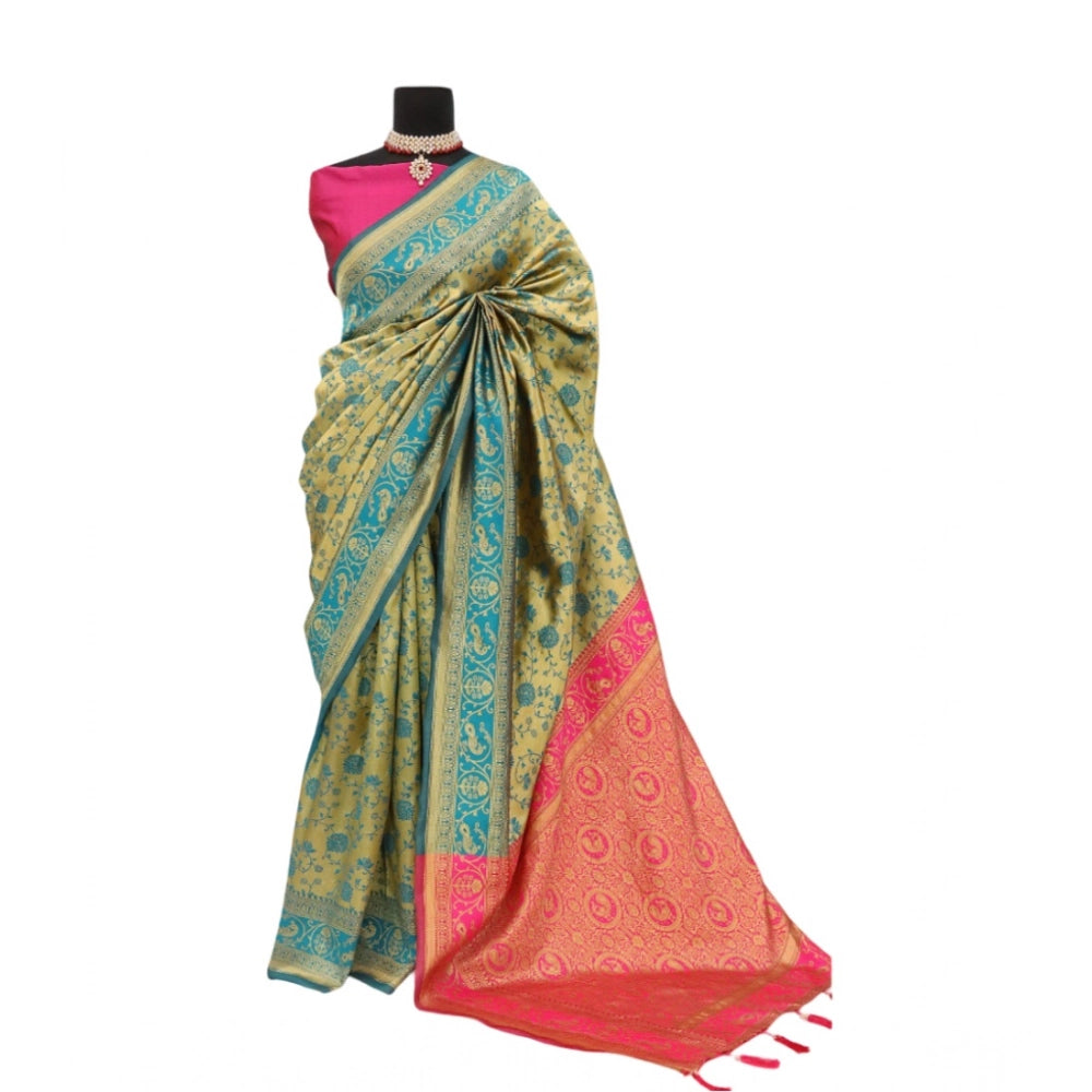 Amfyn Women's Banarasi Printed Saree With Unstitched Blouse 5.5Mtr (Goldan)