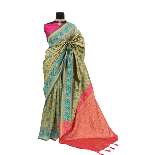 Amfyn Women's Banarasi Printed Saree With Unstitched Blouse 5.5Mtr (Goldan)