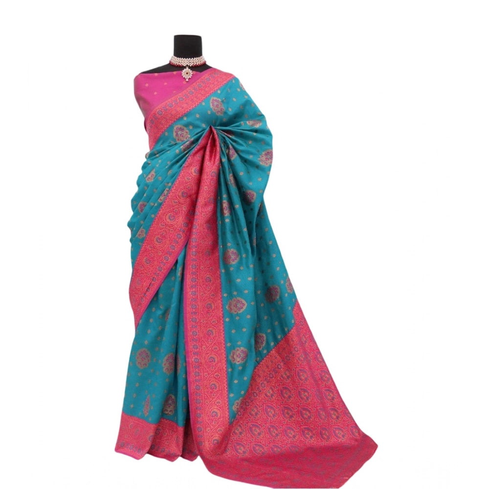 Amfyn Women's Banarasi Printed Saree With Unstitched Blouse 5.5Mtr (Aqua Blue)