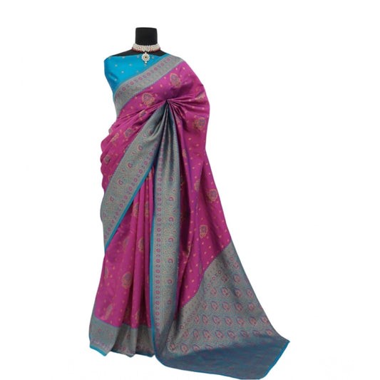 Amfyn Women's Banarasi Printed Saree With Unstitched Blouse 5.5Mtr (Purple)
