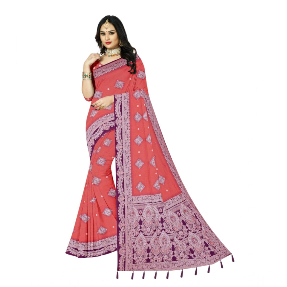 Amfyn Women's Cotton Printed Saree With Unstitched Blouse 5.5Mtr (Peach)
