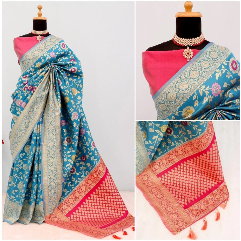 Amfyn Women's Banarasi Printed Saree With Unstitched Blouse 5.5Mtr (Aqua Blue)