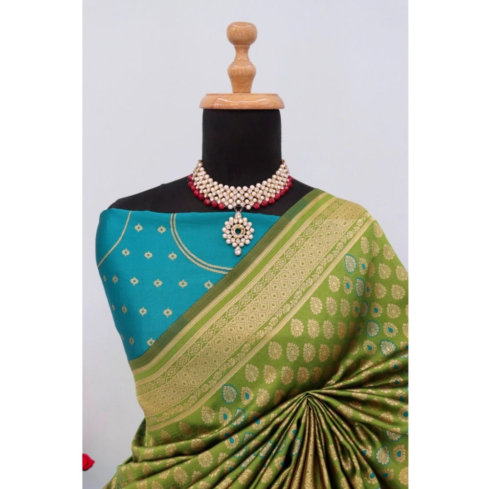 Amfyn Women's Banarasi Printed Saree With Unstitched Blouse 5.5Mtr (Mehendi Green)