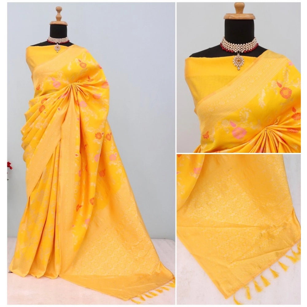 Amfyn Women's Banarasi Printed Saree With Unstitched Blouse 5.5Mtr (Yellow)