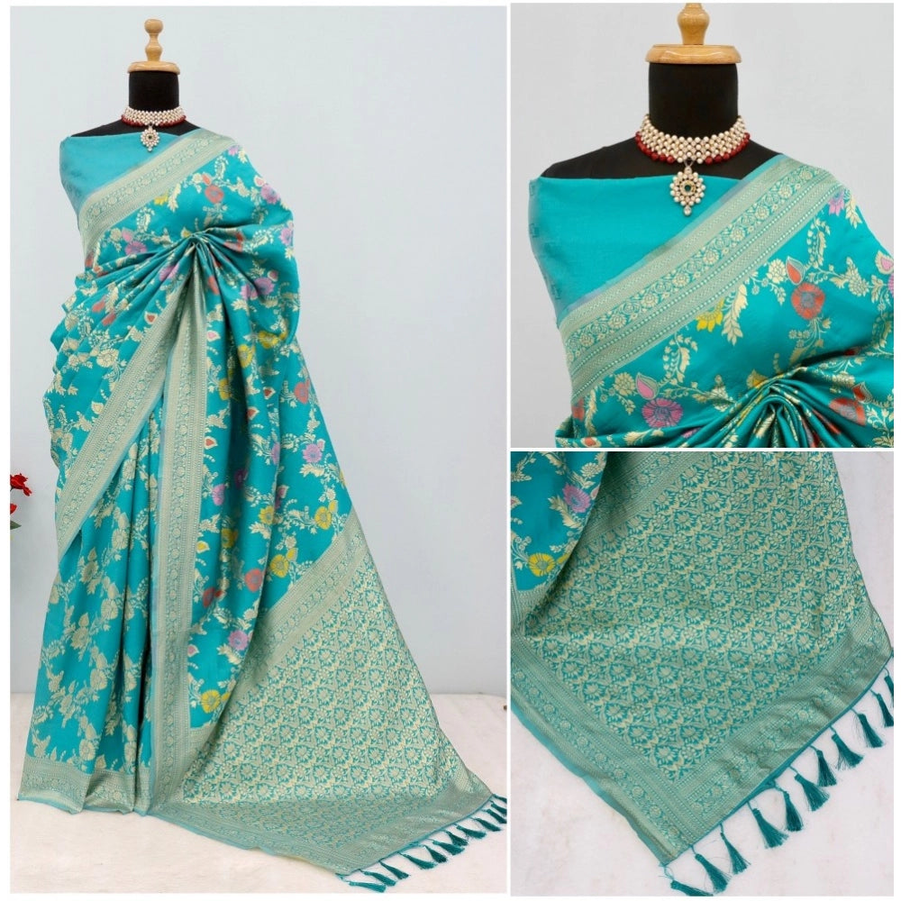 Amfyn Women's Banarasi Printed Saree With Unstitched Blouse 5.5Mtr (Rama)