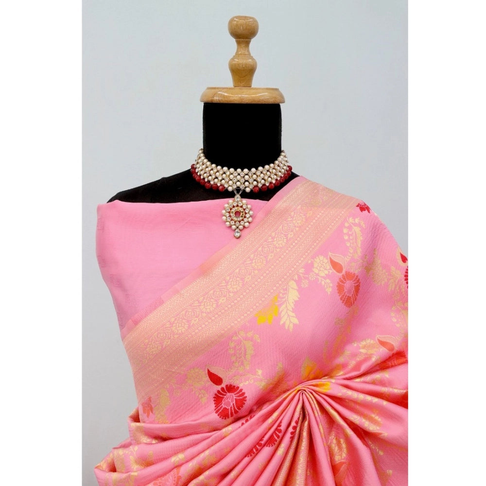 Amfyn Women's Banarasi Printed Saree With Unstitched Blouse 5.5Mtr (Pink)
