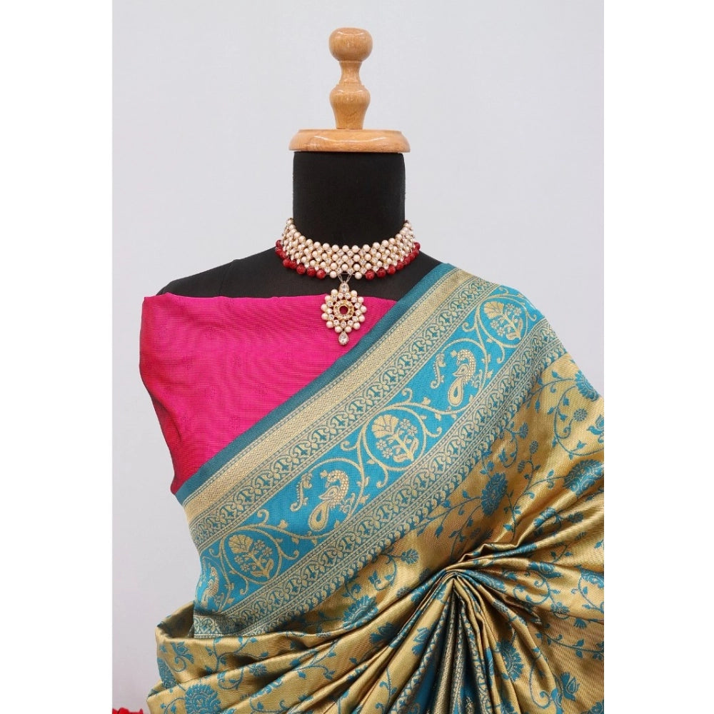 Amfyn Women's Banarasi Printed Saree With Unstitched Blouse 5.5Mtr (Goldan)