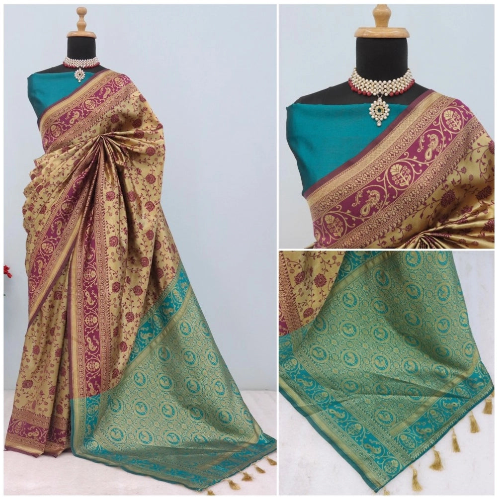 Amfyn Women's Banarasi Printed Saree With Unstitched Blouse 5.5Mtr (Purple)