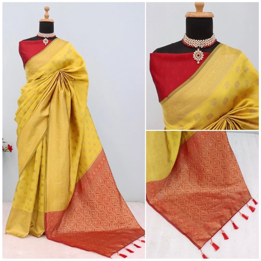 Amfyn Women's Banarasi Printed Saree With Unstitched Blouse 5.5Mtr (Yellow)