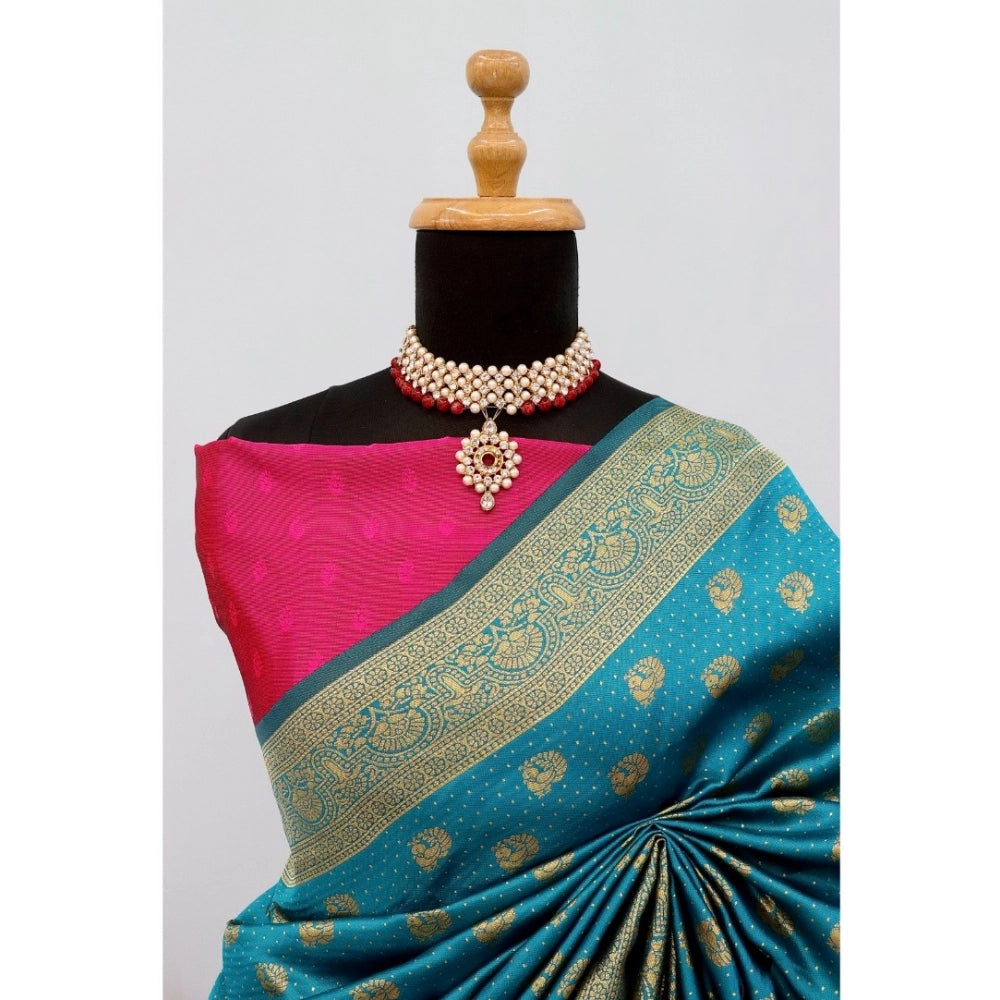 Amfyn Women's Banarasi Printed Saree With Unstitched Blouse 5.5Mtr (Aqua Blue)