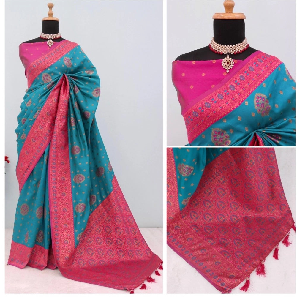 Amfyn Women's Banarasi Printed Saree With Unstitched Blouse 5.5Mtr (Aqua Blue)