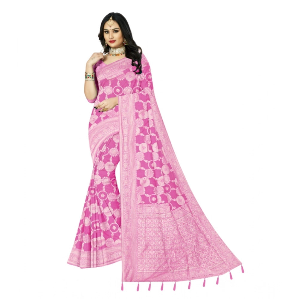 Amfyn Women's Cotton Printed Saree With Unstitched Blouse 5.5Mtr (Pink)