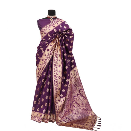 Amfyn Women's Satin Printed Saree With Unstitched Blouse 5.5Mtr (Purple)