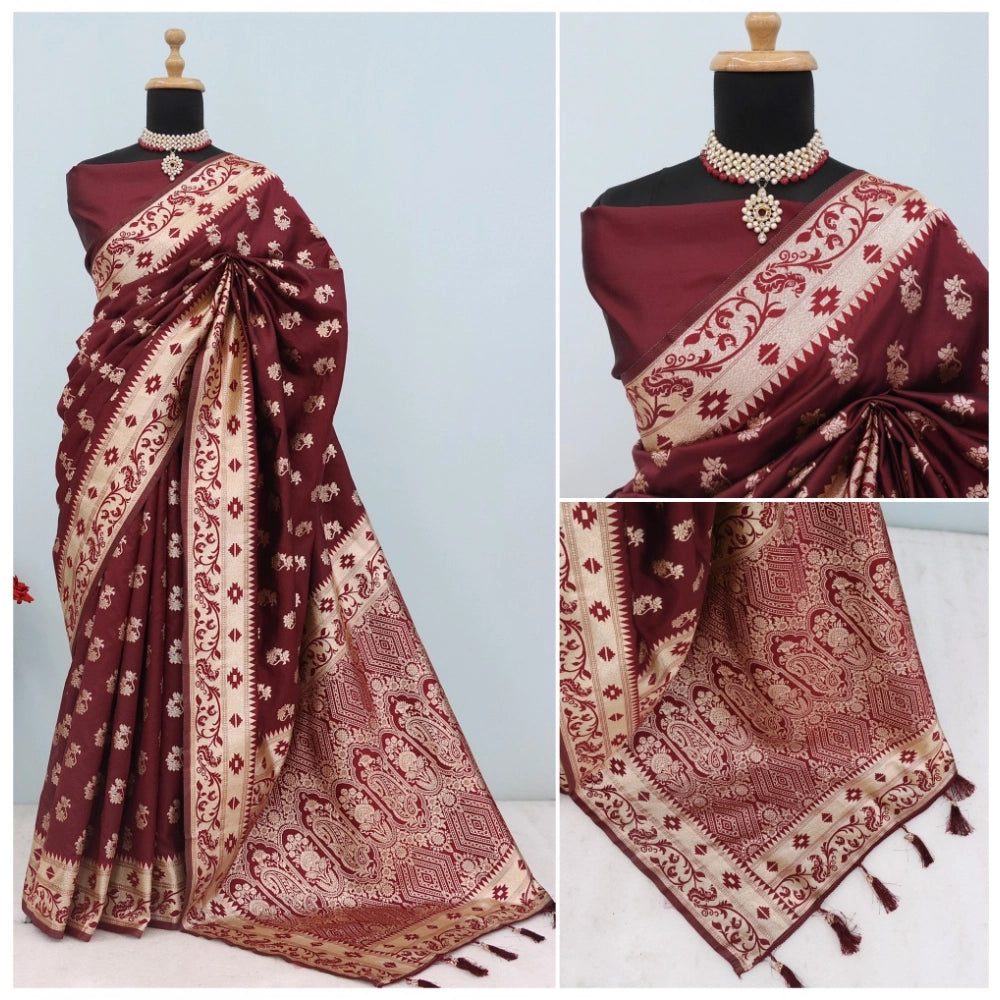 Amfyn Women's Satin Printed Saree With Unstitched Blouse 5.5Mtr (Brown)