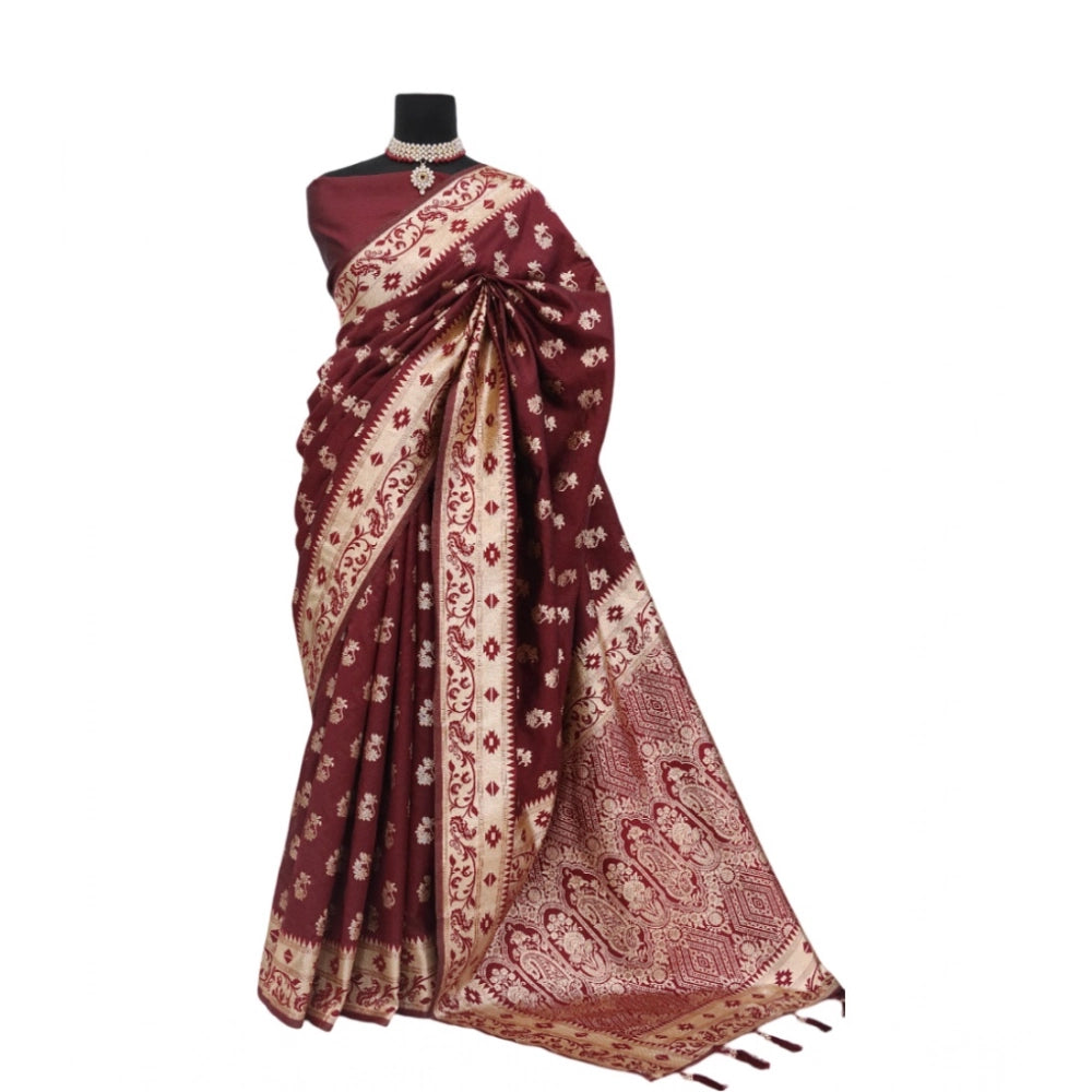 Amfyn Women's Satin Printed Saree With Unstitched Blouse 5.5Mtr (Brown)