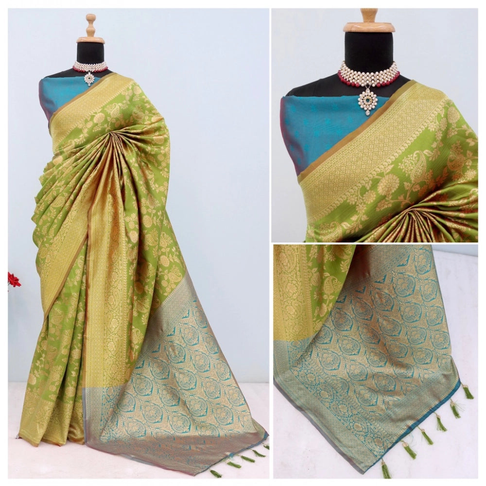 Amfyn Women's Banarasi Printed Saree With Unstitched Blouse 5.5Mtr (Mehendi Green)