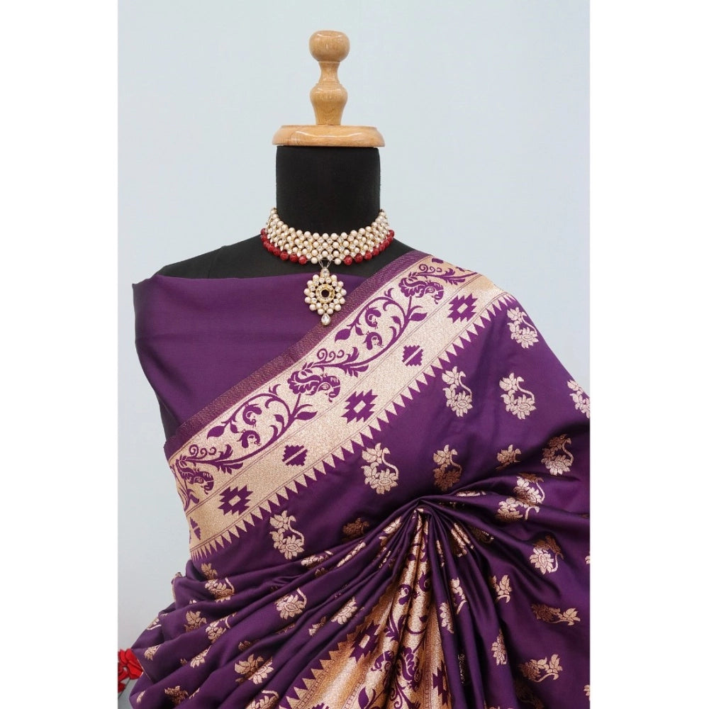 Amfyn Women's Satin Printed Saree With Unstitched Blouse 5.5Mtr (Purple)