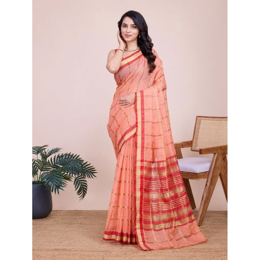 Amfyn Women's Cotton Silk Checkered Kota Doria Saree With Unstitched Blouse (5.5Mtr, Peach)