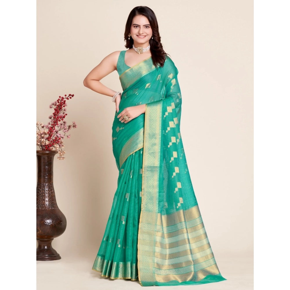 Amfyn Women's Silk Blend Printed Banarasi Saree With Unstitched Blouse (5.5Mtr, Rama Green)