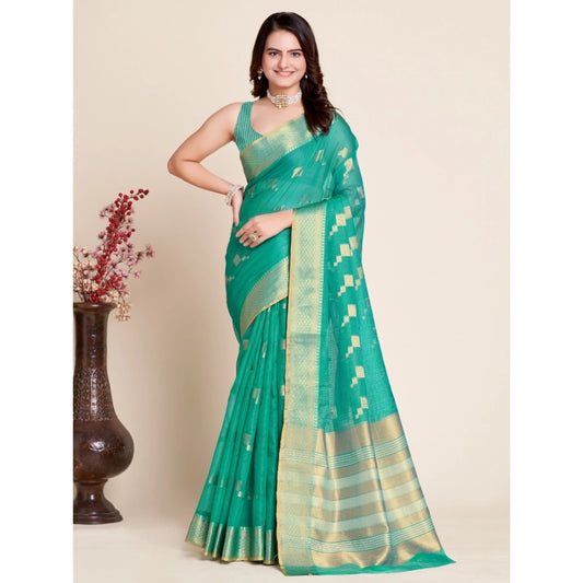 Amfyn Women's Silk Blend Printed Banarasi Saree With Unstitched Blouse (5.5Mtr, Rama Green)