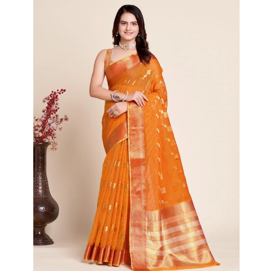 Amfyn Women's Silk Blend Printed Banarasi Saree With Unstitched Blouse (5.5Mtr, Orange)