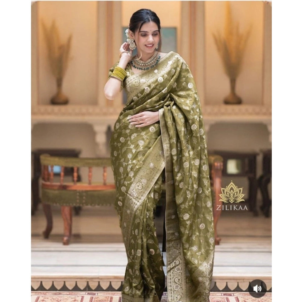 Amfyn Women's Silk Woven Kanjivaram Saree With Unstitched Blouse (5.5Mtr, Mehendi Green)