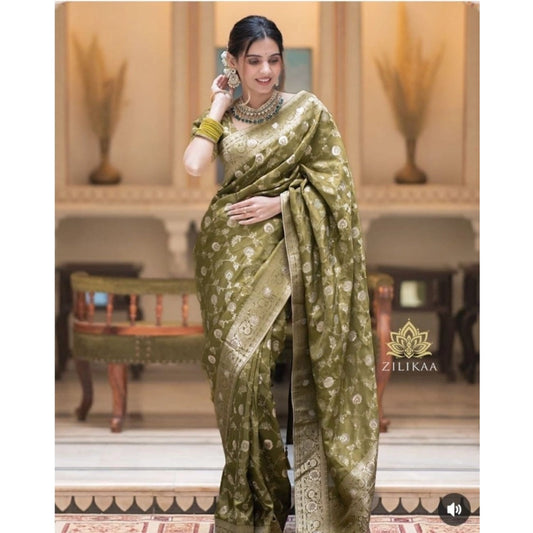 Amfyn Women's Silk Woven Kanjivaram Saree With Unstitched Blouse (5.5Mtr, Mehendi Green)