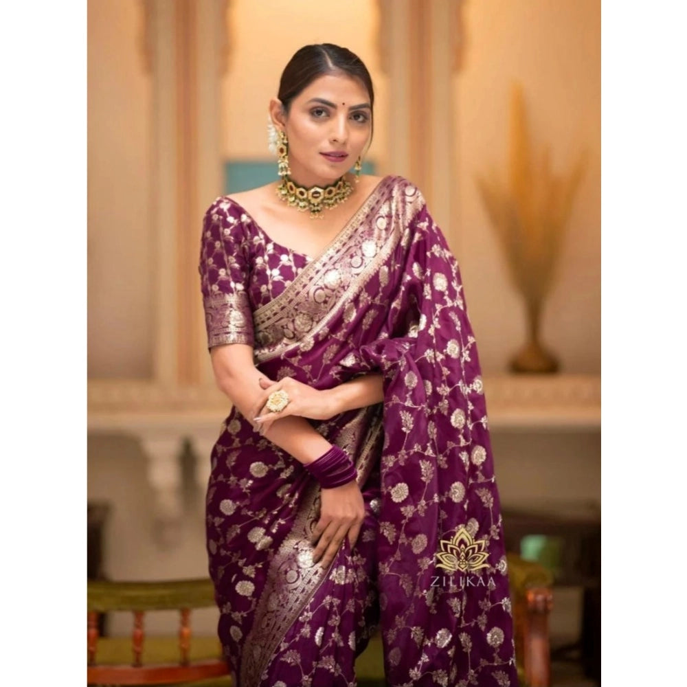 Amfyn Women's Silk Woven Kanjivaram Saree With Unstitched Blouse (5.5Mtr, Dark Purple)