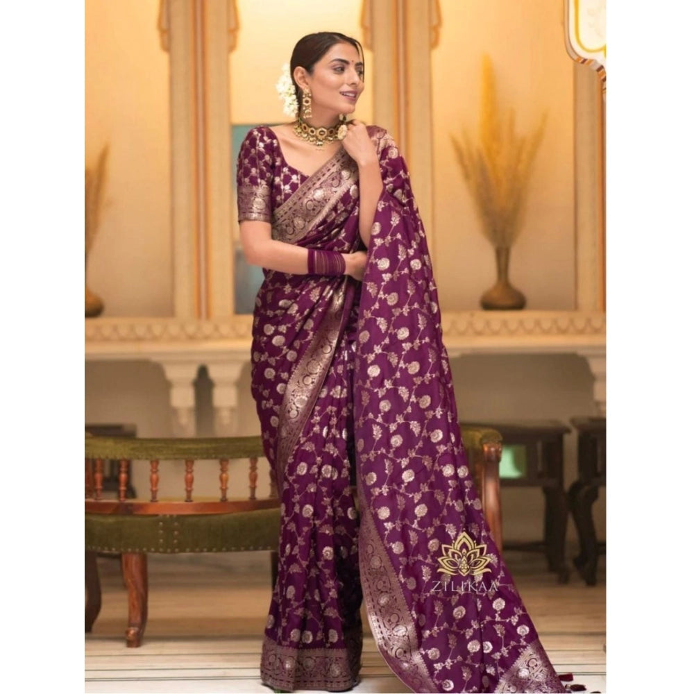 Amfyn Women's Silk Woven Kanjivaram Saree With Unstitched Blouse (5.5Mtr, Dark Purple)