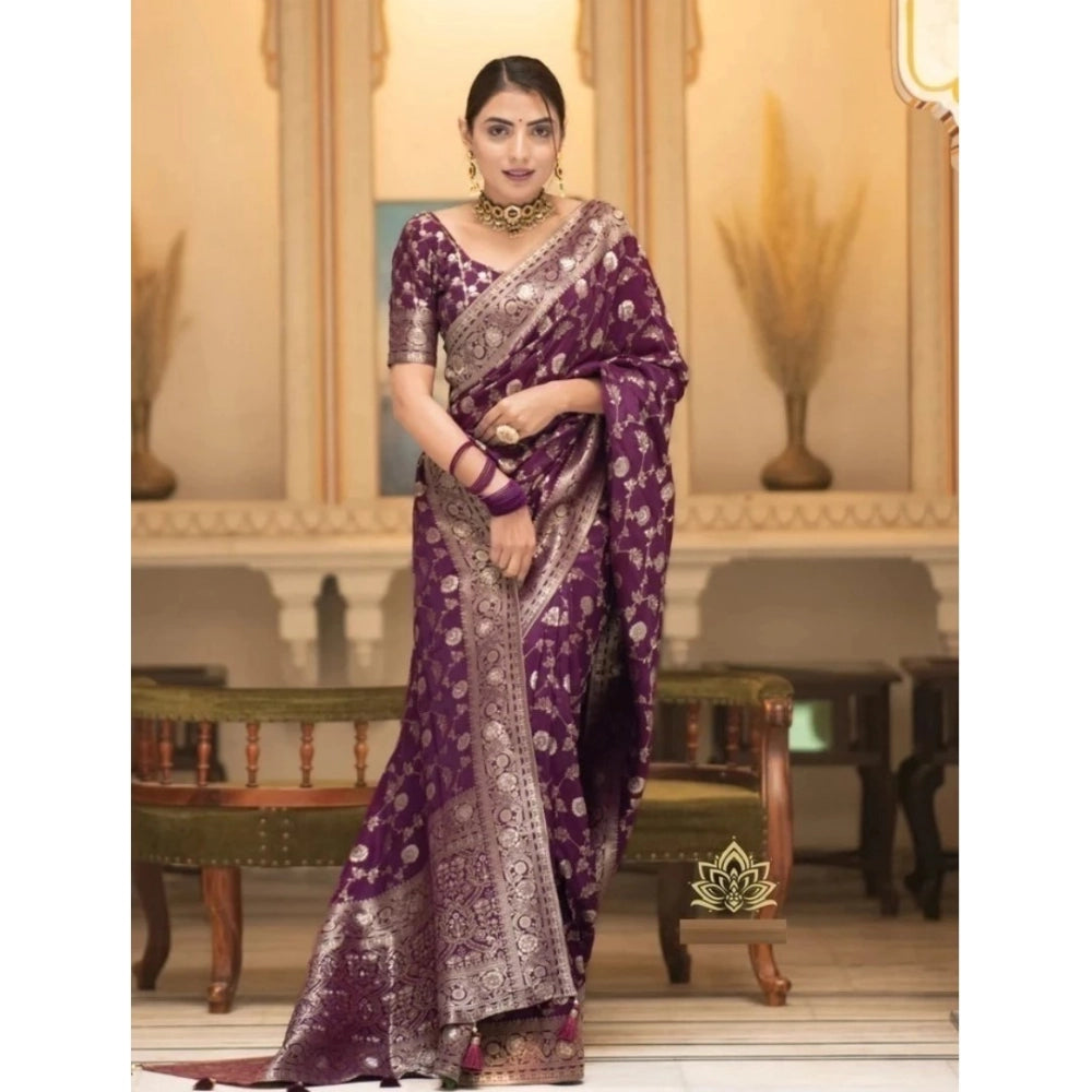 Amfyn Women's Silk Woven Kanjivaram Saree With Unstitched Blouse (5.5Mtr, Dark Purple)