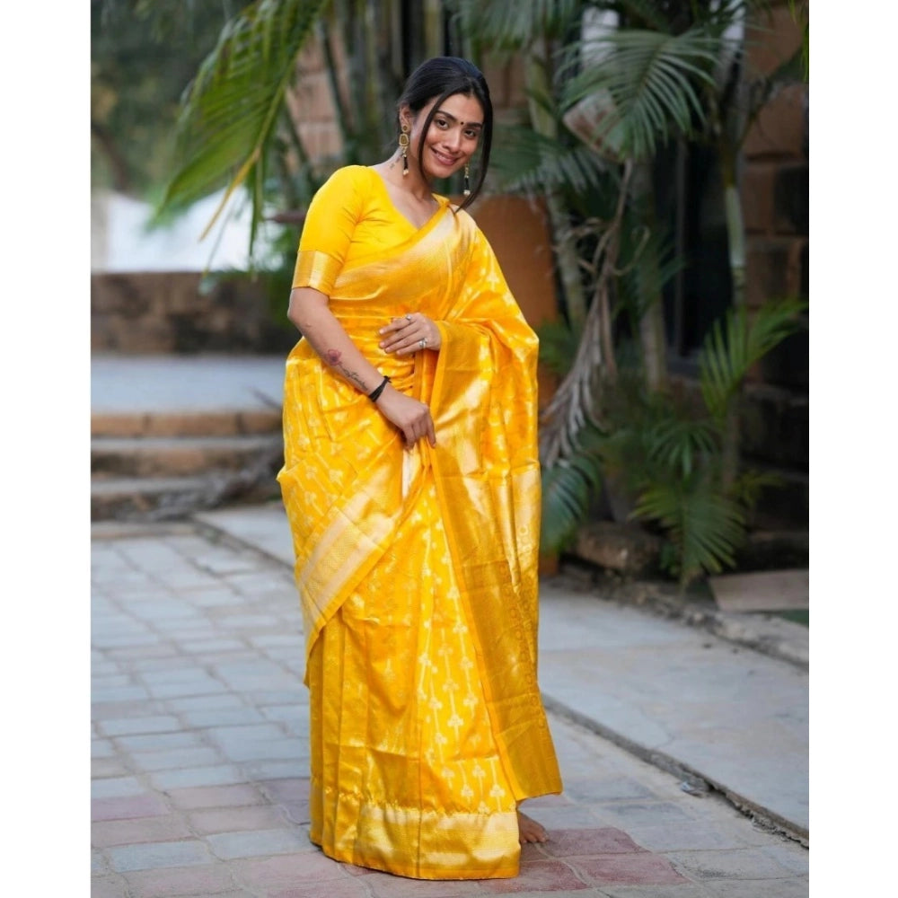 Amfyn Women's Silk Blend Self Design Banarasi Saree With Unstitched Blouse (5.5Mtr, Yellow)