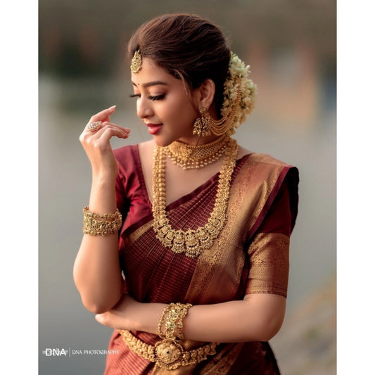 Amfyn Women's Silk Woven Kanjivaram Saree With Unstitched Blouse (5.5Mtr, Maroon)