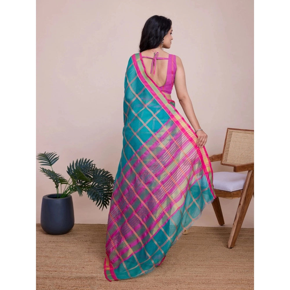 Amfyn Women's Cotton Silk Checkered Kota Doria Saree With Unstitched Blouse (5.5Mtr, Rama)