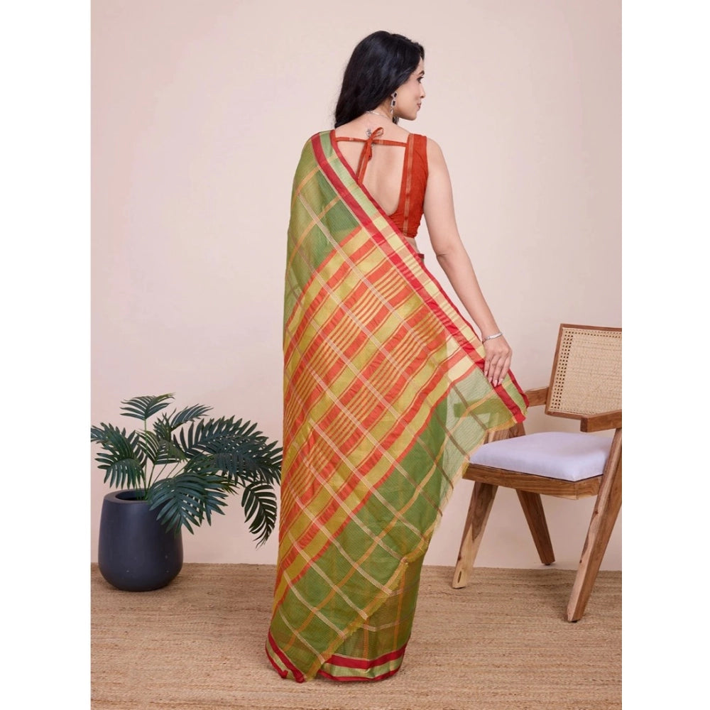 Amfyn Women's Cotton Silk Checkered Kota Doria Saree With Unstitched Blouse (5.5Mtr, Mehendi)