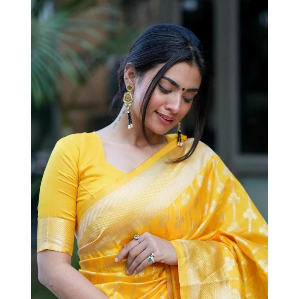 Amfyn Women's Silk Blend Self Design Banarasi Saree With Unstitched Blouse (5.5Mtr, Yellow)
