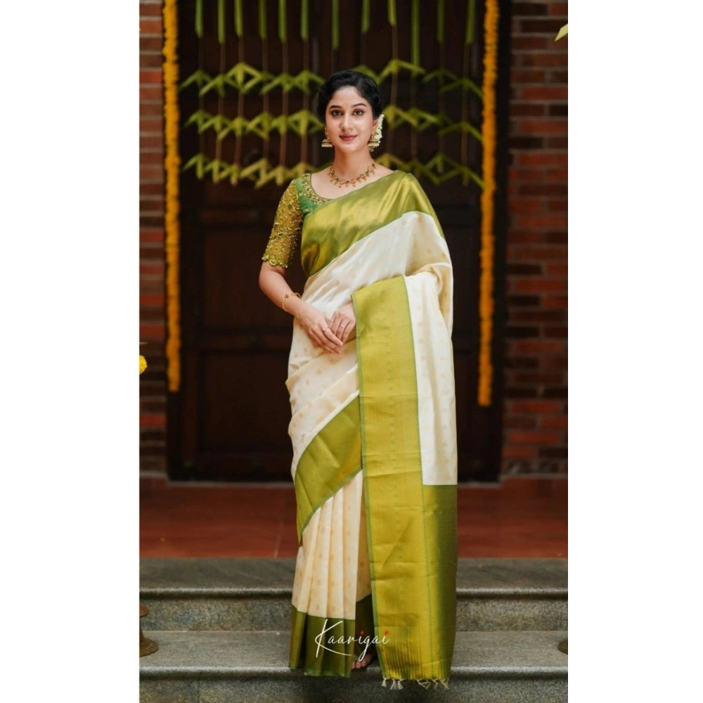 Amfyn Women's Silk Blend Self Design Banarasi Saree With Unstitched Blouse (5.5Mtr, White Green)