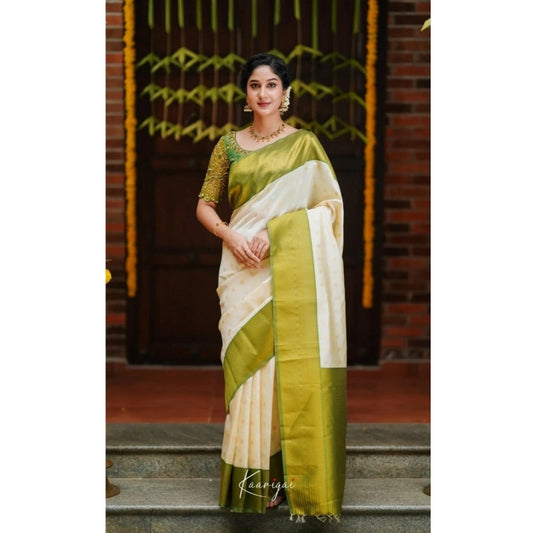Amfyn Women's Silk Blend Self Design Banarasi Saree With Unstitched Blouse (5.5Mtr, White Green)