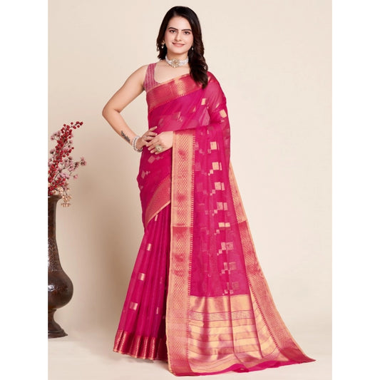 Amfyn Women's Silk Blend Printed Banarasi Saree With Unstitched Blouse (5.5Mtr, Pink)