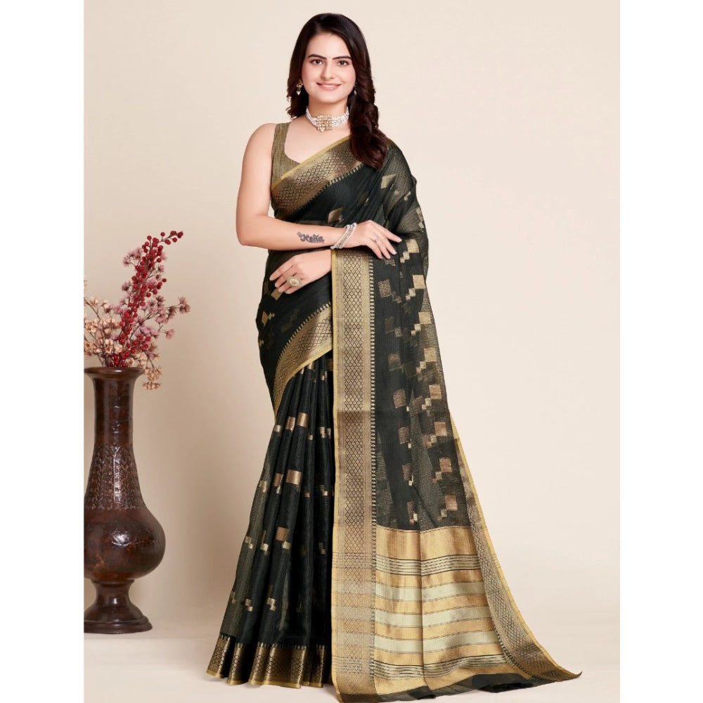 Amfyn Women's Silk Blend Printed Banarasi Saree With Unstitched Blouse (5.5Mtr, Black)