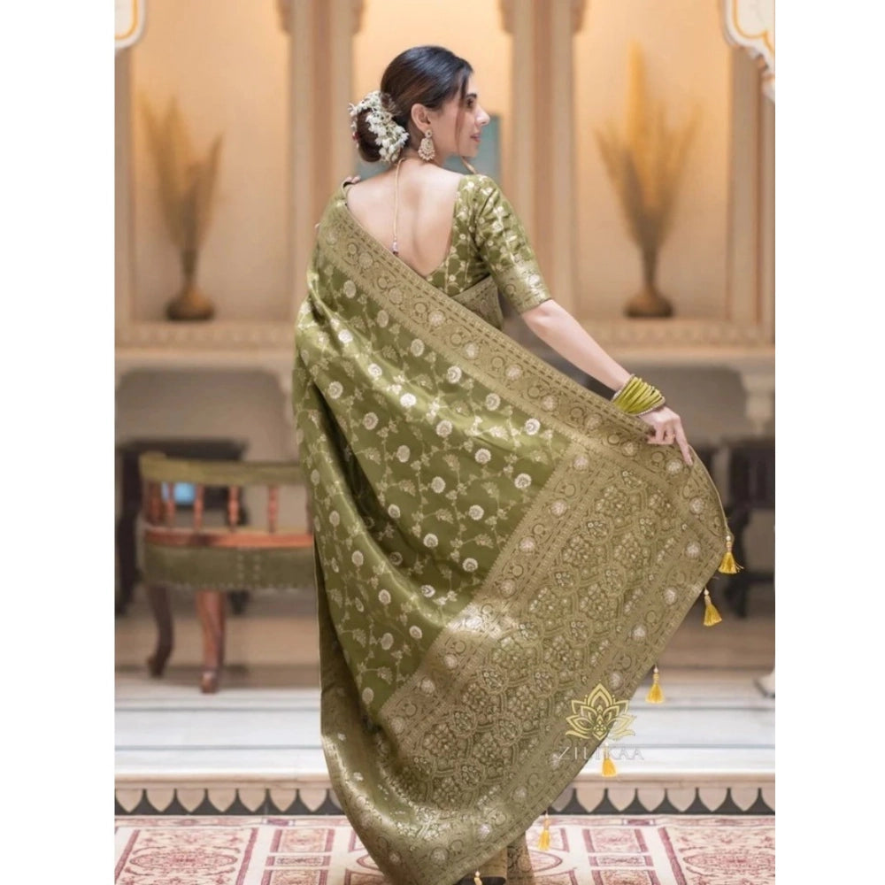 Amfyn Women's Silk Woven Kanjivaram Saree With Unstitched Blouse (5.5Mtr, Mehendi Green)