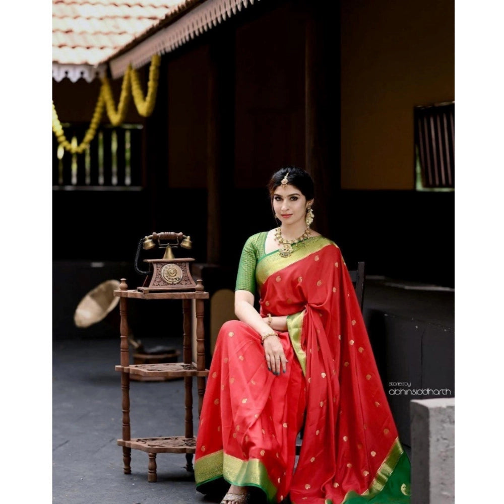 Amfyn Women's Silk Blend Self Design Banarasi Saree With Unstitched Blouse (5.5Mtr, Red Green)