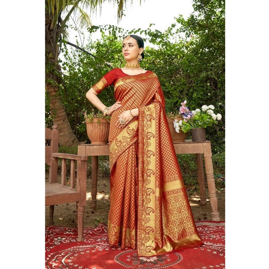 Amfyn Women's Silk Woven Kanjivaram Saree With Unstitched Blouse (5.5Mtr, Red)