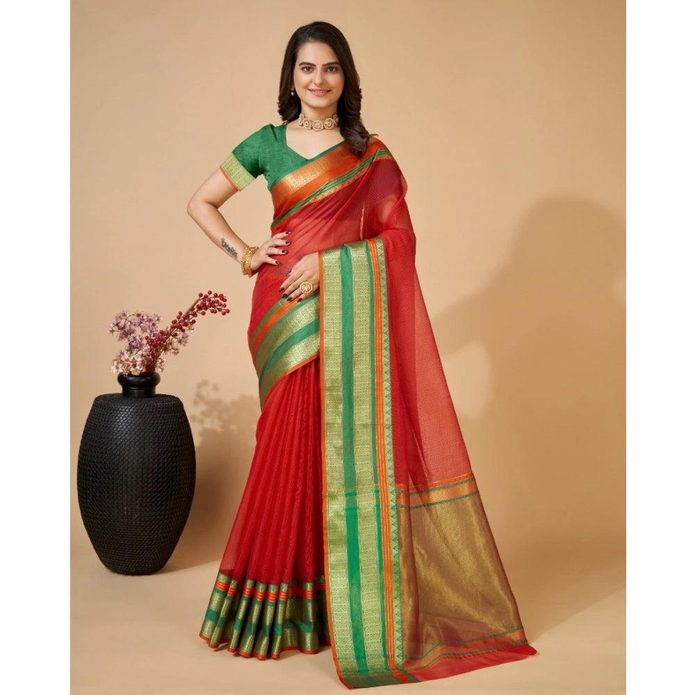 Amfyn Women's Cotton Blend Woven  Saree With Unstitched Blouse (5.5Mtr, Red)