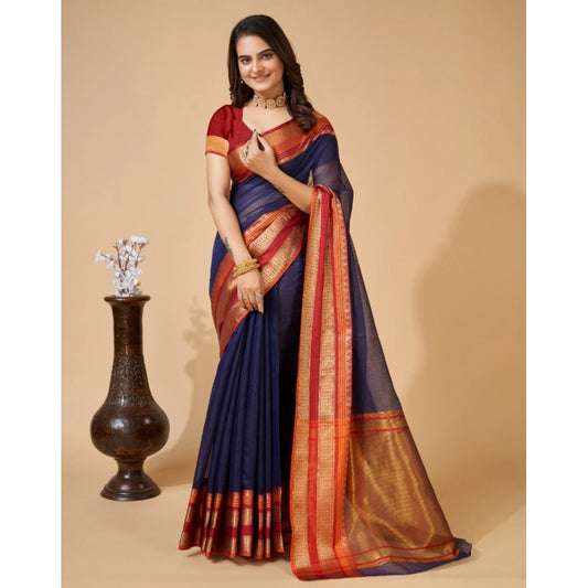 Amfyn Women's Cotton Blend Woven  Saree With Unstitched Blouse (5.5Mtr, Navy Blue)